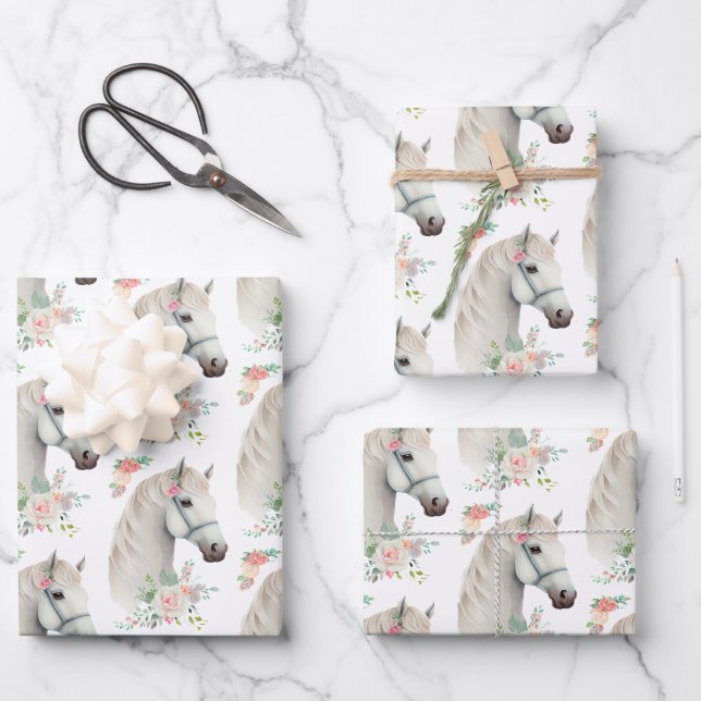 Elegant White Horse Boho Floral Wrapping Paper Sheets (Front)