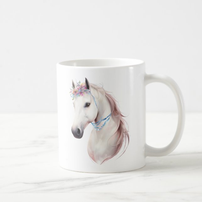 Elegant White Horse Mug with Floral Crown – Waterc (Right)