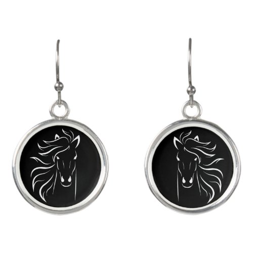 Elegant white horse silhouette on black earrings