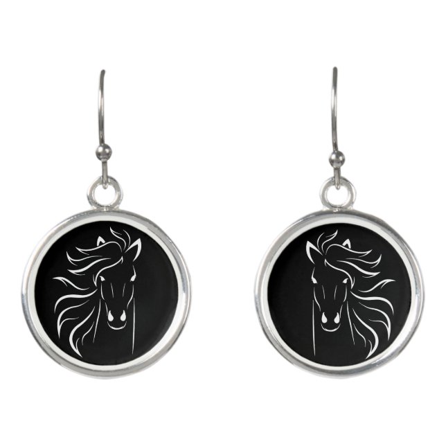 Elegant white horse silhouette on black earrings (Front)