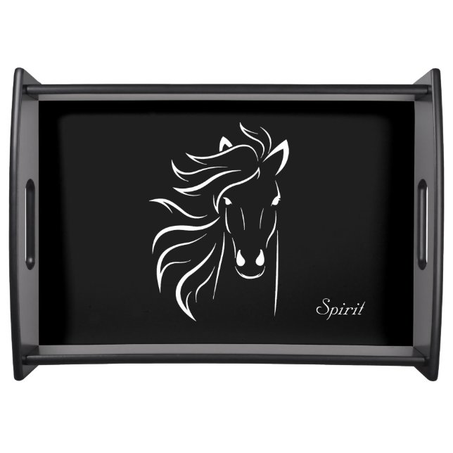 Elegant white horse silhouette on black serving tray (Front)