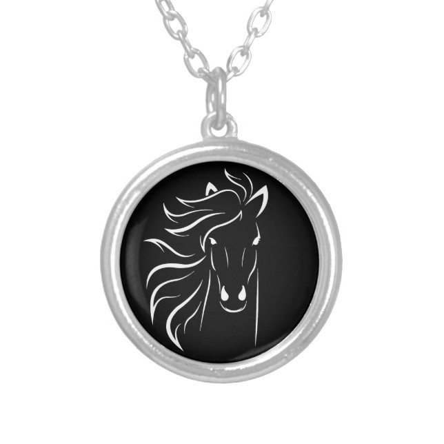 Elegant white horse silhouette on black silver plated necklace (Front)