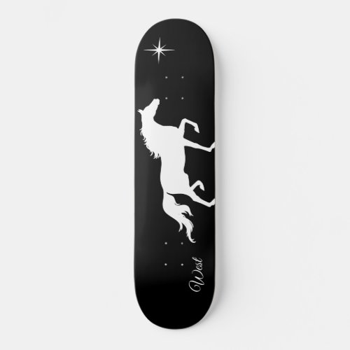 Elegant white horse silhouette on black skateboard