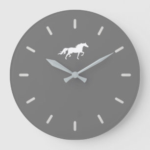Elegant White Horse Silhouette on Gray Large Clock