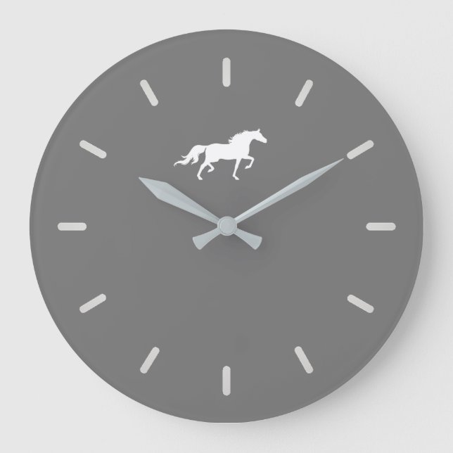 Elegant White Horse Silhouette on Gray Large Clock (Front)