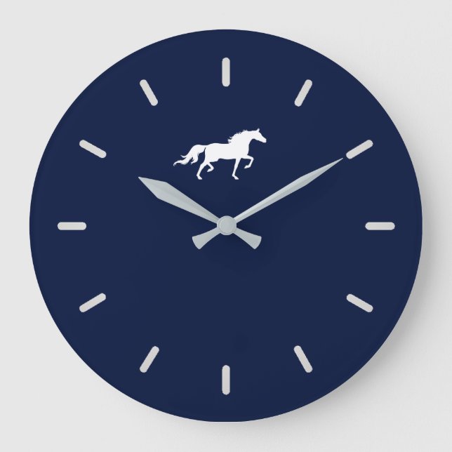 Elegant White Horse Silhouette on Navy Blue Large Clock (Front)