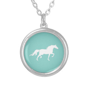 Elegant white horse silhouette on teal silver plated necklace