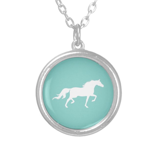 Elegant white horse silhouette on teal silver plated necklace (Front)