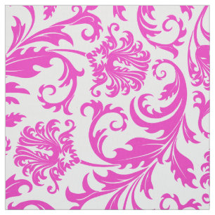 Elegant White & Hot Pink Floral Damasks Fabric