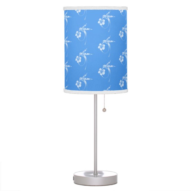 Elegant White Hummingbirds with Flower on Blue Table Lamp (Left)