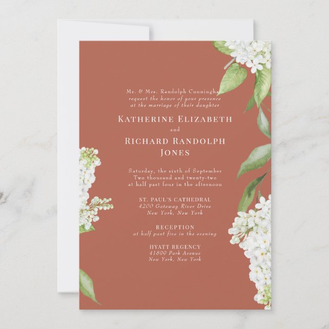 Elegant White Hydrangea Cinnamon IV Wedding Invitation (Front)