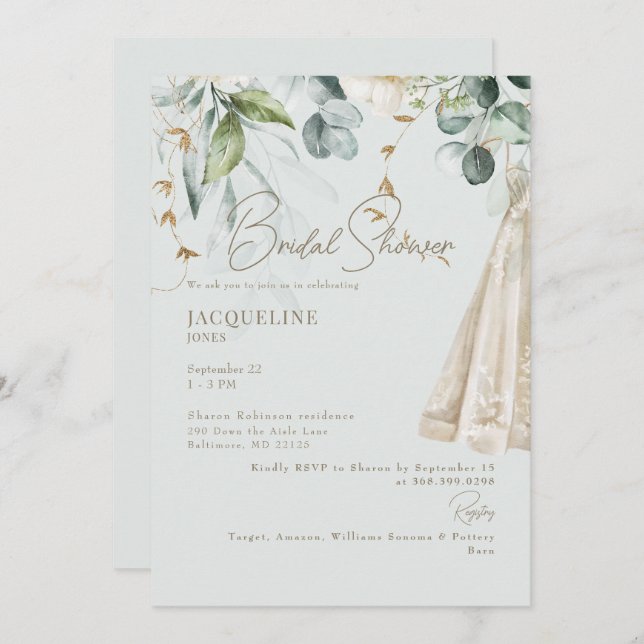 Elegant White Hydrangea Dress Sage Bridal Shower Invitation (Front/Back)