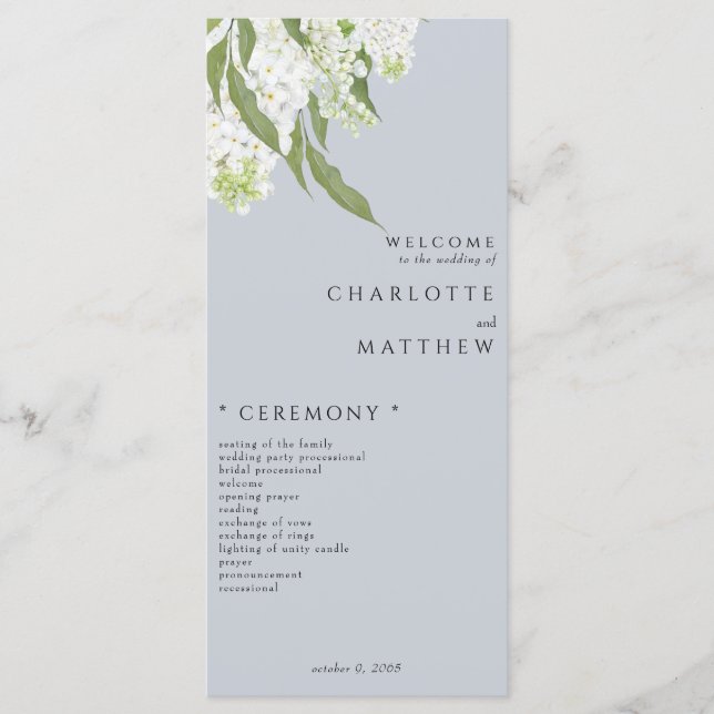 Elegant White Hydrangea Dusty Blue Wedding Program (Front)