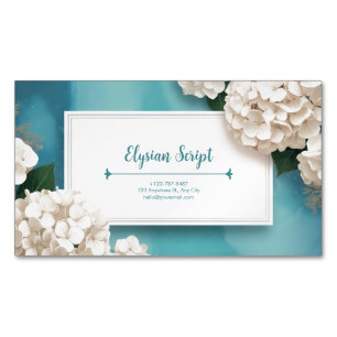 Elegant White Hydrangea Floral Teal Watercolor Business Card Magnet