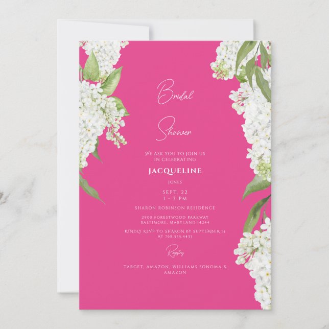 Elegant White Hydrangea Fuchsia Bridal Shower  Invitation (Front)