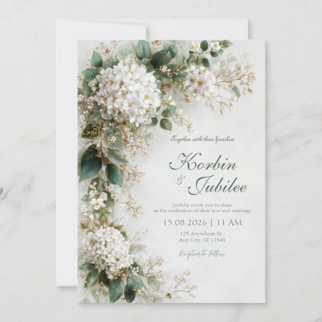 Elegant White Hydrangea Gold Botanical Wedding Invitation (Front)