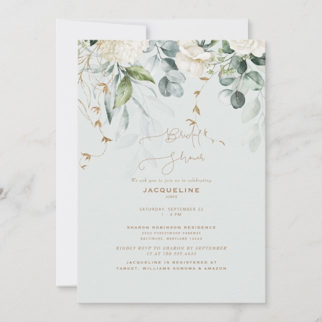 Elegant White Hydrangea Light Sage Bridal Shower Invitation (Front)