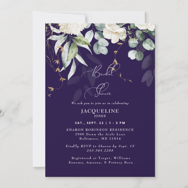 Elegant White Hydrangea Navy Bridal Shower Invitation (Front)