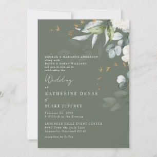 Elegant White Hydrangea Rich Sage Wedding II Invitation