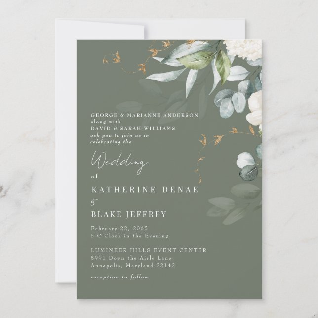 Elegant White Hydrangea Rich Sage Wedding II Invitation (Front)