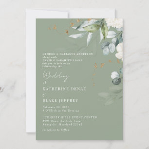 Elegant White Hydrangea Sage Both Parents Wedding Invitation