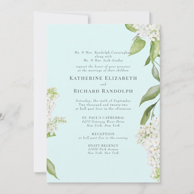 Elegant White Hydrangea Seafoam V Wedding Invitation (Front)