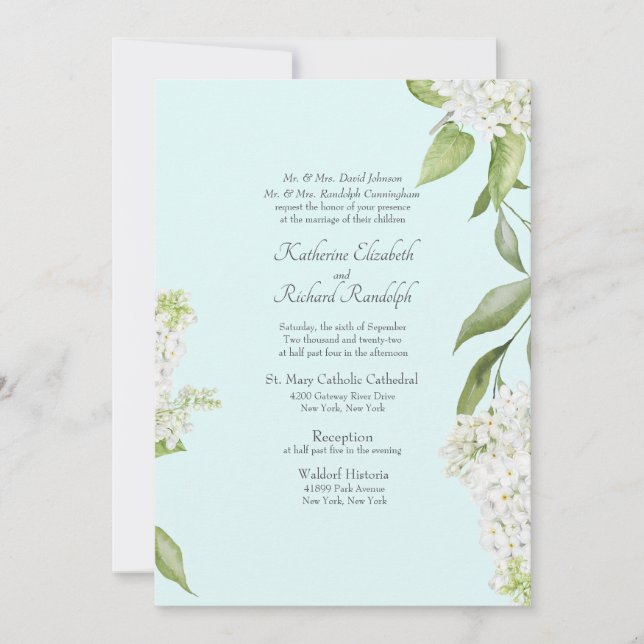 Elegant White Hydrangea Seafoam Wedding Invitation (Front)