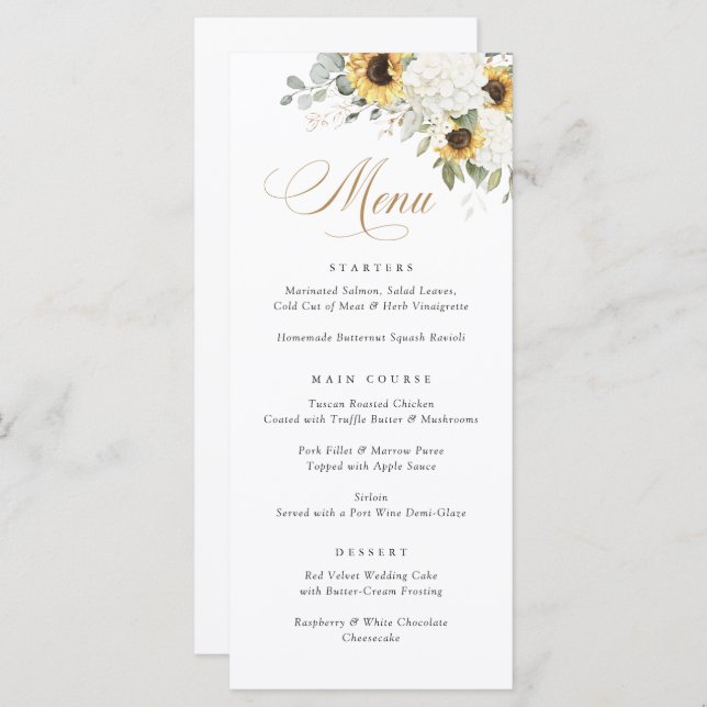 Elegant White Hydrangea Sunflowers Wedding Menu (Front/Back)