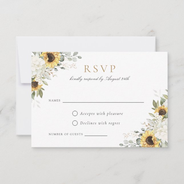 Elegant White Hydrangea Sunflowers Wedding RSVP Invitation (Front)