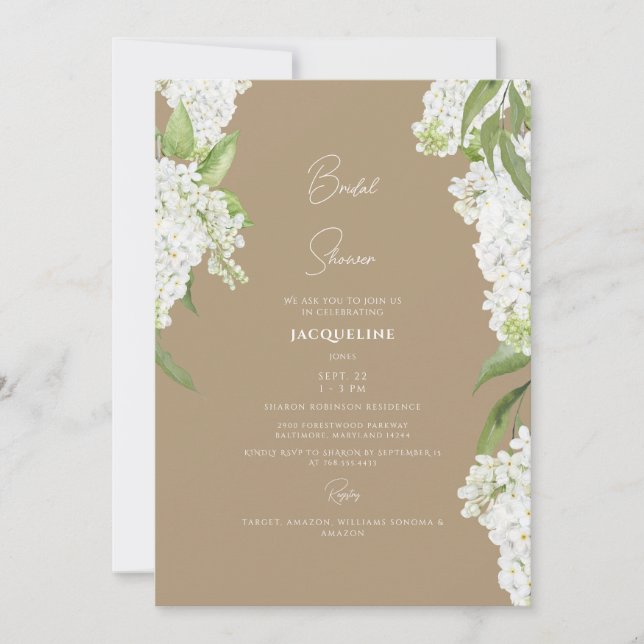 Elegant White Hydrangea Tan Bridal Shower Invitation (Front)