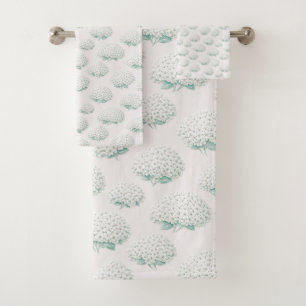 Elegant White Hydrangea Teal Bath Towel Set