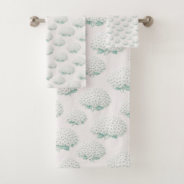 Elegant White Hydrangea Teal Bath Towel Set (Insitu)
