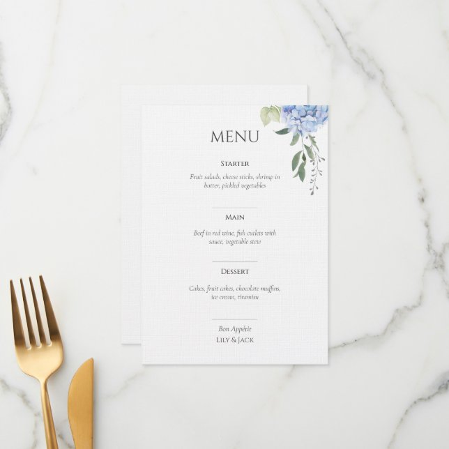 Elegant White Hydrangea Wedding Menu (Front/Back In Situ)