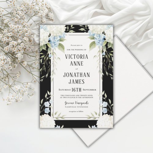 Elegant White Hydrangeas Black Floral Wedding Invitation