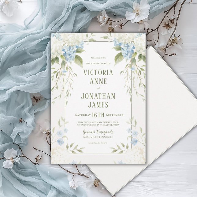 Elegant White Hydrangeas Blue Floral Wedding Invitation (Creator Uploaded)
