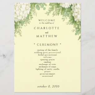 Elegant White Hydrangeas Yellow Wedding Program II