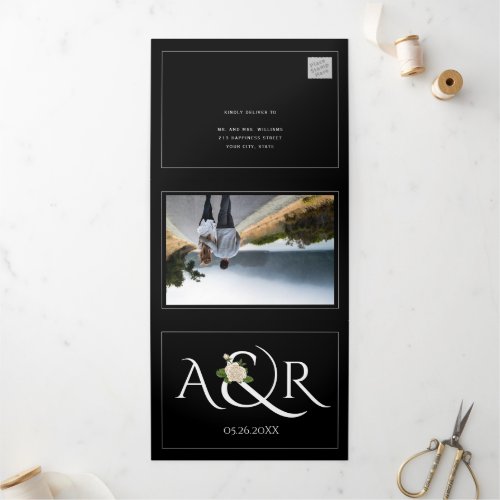 Elegant white initials and ampersand rose wedding Tri_Fold invitation