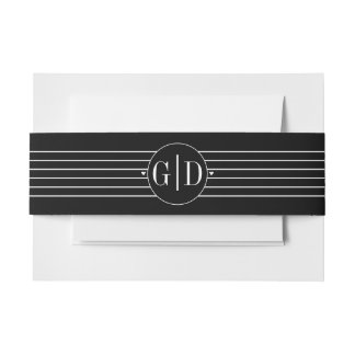 Elegant white initials and stripes black wedding invitation belly band