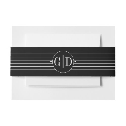Elegant white initials and stripes black wedding invitation belly band