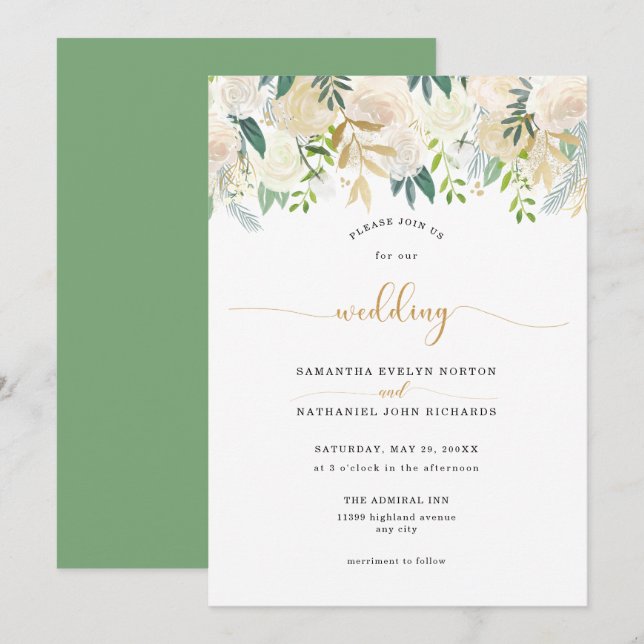 Elegant White Ivory Floral and greenery wedding Invitation (Front/Back)