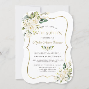 Elegant White Ivory Floral Gold Frame Sweet 16 Invitation