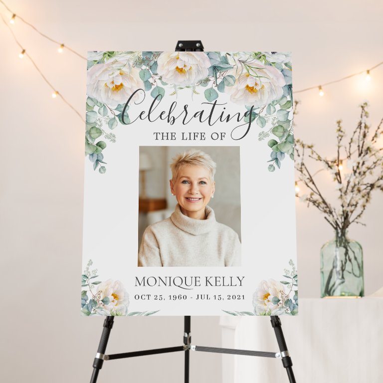Elegant White Ivory Floral Photo Funeral Memorial                    Foam Board