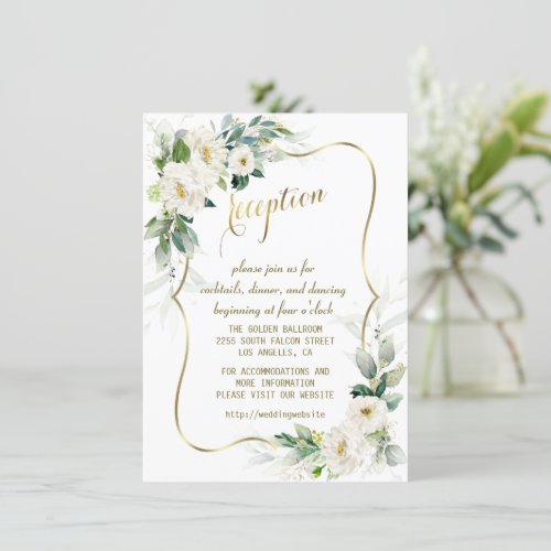 Elegant White Ivory Flowers Gold Wedding Reception Invitation