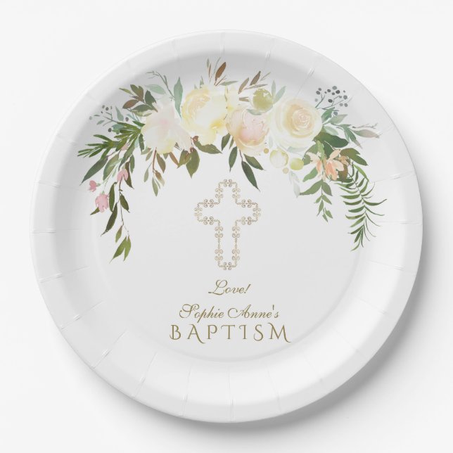 Elegant White Ivory Watercolour Floral Baptism Paper Plates (Front)