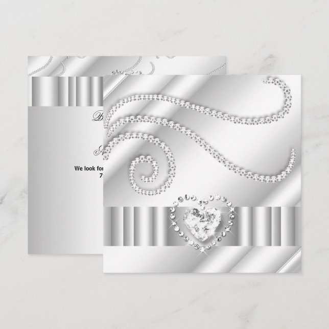 Elegant White Jewel diamonds Silver Birthday Party Invitation (Front/Back)