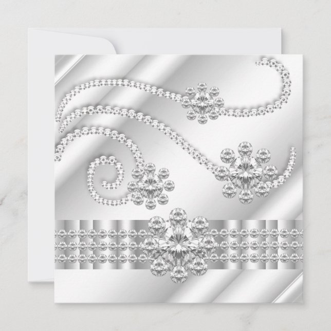 Elegant White Jewel diamonds Silver Birthday Party Invitation (Front)