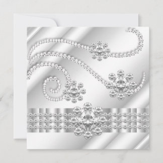 Elegant White Jewel diamonds Silver Birthday Party Invitation