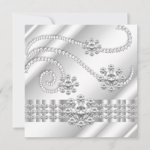 Elegant White Jewel diamonds Silver Birthday Party Invitations