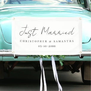 Elegant White Just Married Wedding Car Banner