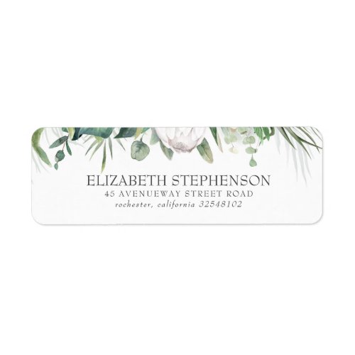 Elegant White King Protea and Tropical Greenery Label